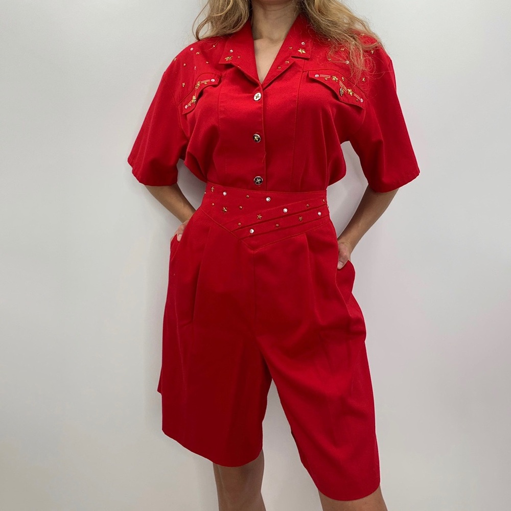Vintage vibrant red two piece short and top set